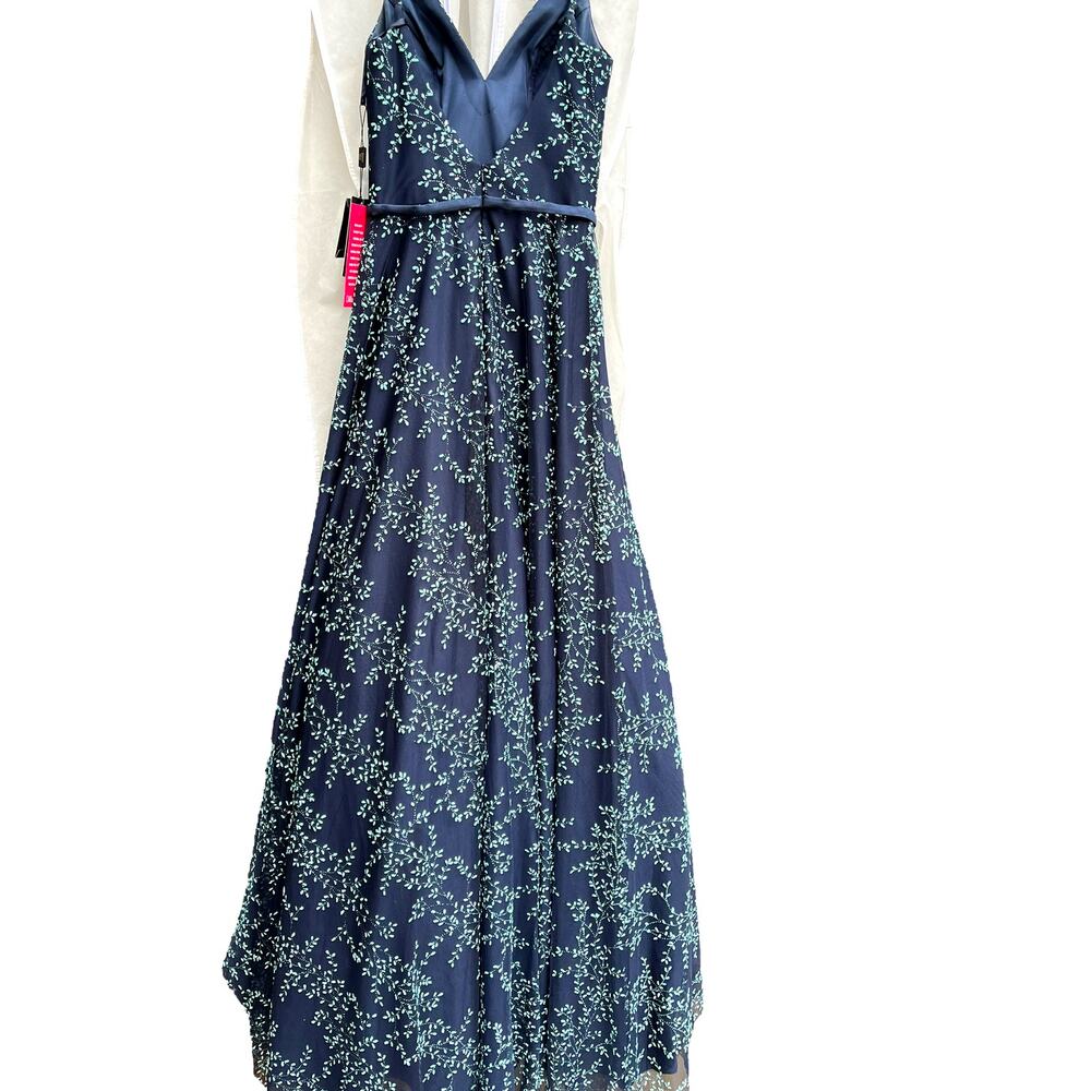 Terani Couture Glamour Deep-V Back Gown w/ Beading | sz 0 | Navy Teal | NEW! - Picture 5 of 10